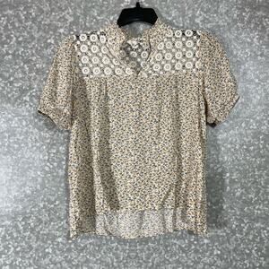 Everleigh Women's Butter Yellow Calico Lace Yoke High Neck Boho Top - Size XS